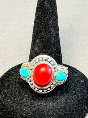 Samuel Benham BJC 925 Sterling and 14k Gold Turquoise & Coral Ring,Sz 7-7.25